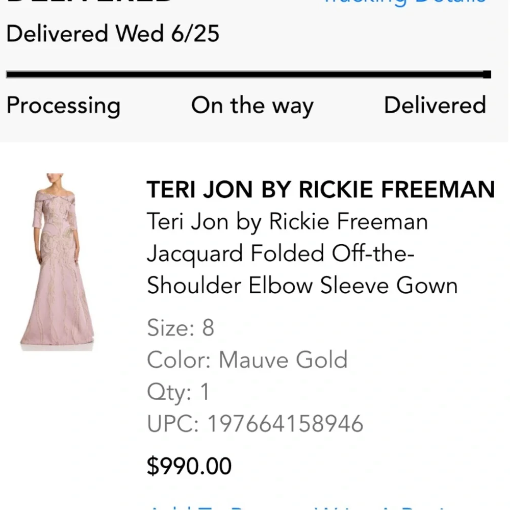 Teri Jon By Rickie Freeman Jacquard Folded Off-The-Shoulder Elbow Sleeve Gown 8 - Picture 9 of 10